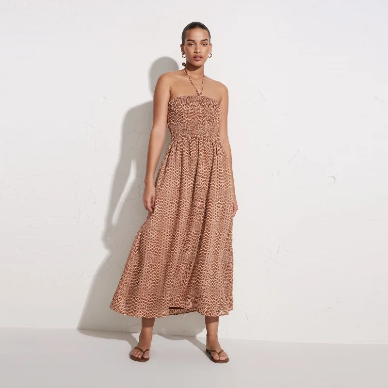 Alyvia Midi Dress (Vadella Chocolate) Trendy Smocked Waist Midi Dress
