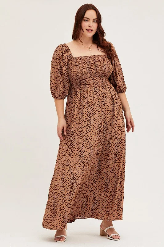 Animal Print Midi Dress Scoop Neck Short Sleeve Trendy Long Sleeve Midi Dress