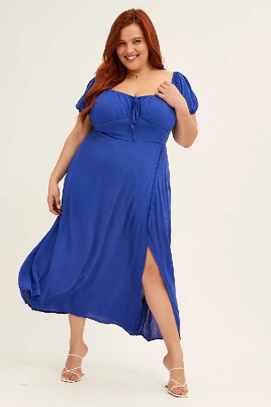 Azure Midi Dress Puff Sleeve With Split Crinkle Rayon Stylish Off-Shoulder Ruffle Dress