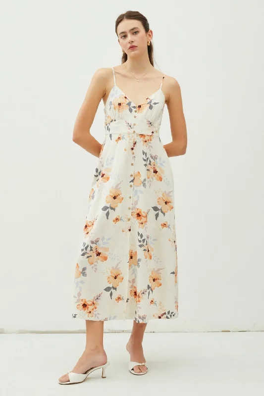 Floral Button Down Cami Midi Dress Fashionable High-Neck Midi Dress