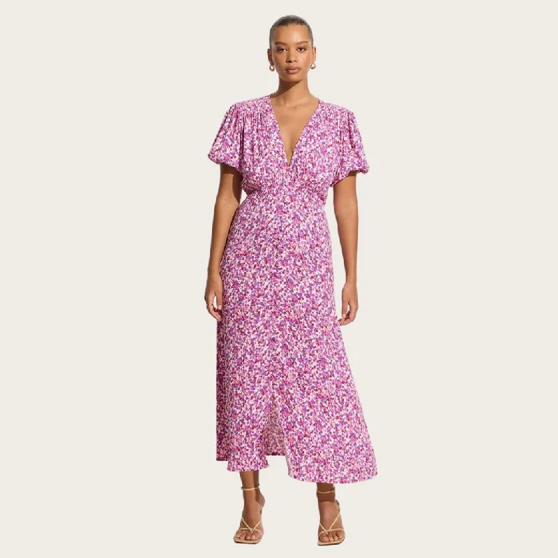 Bellavista Midi Dress (Lou Floral Violet) Trendy Mock Neck Midi Dress