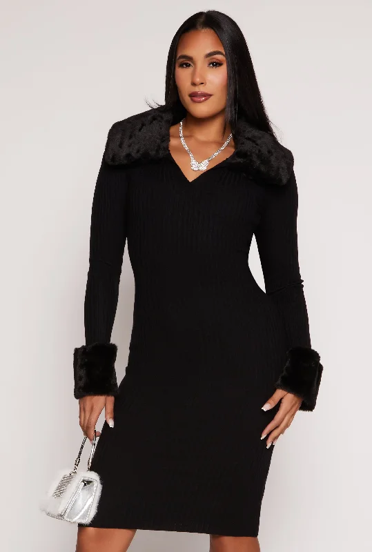 Almost Famous Faux Fur Collar Midi Dress Chic Off-Shoulder Midi Dress