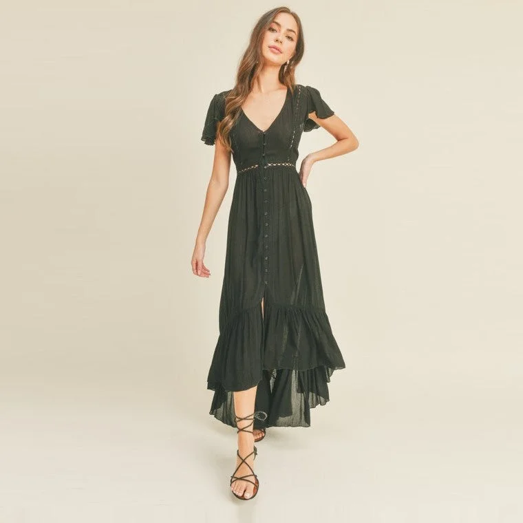 Button-Front High-Low Midi Dress (Black) Fashionable Wide Leg Midi Dress