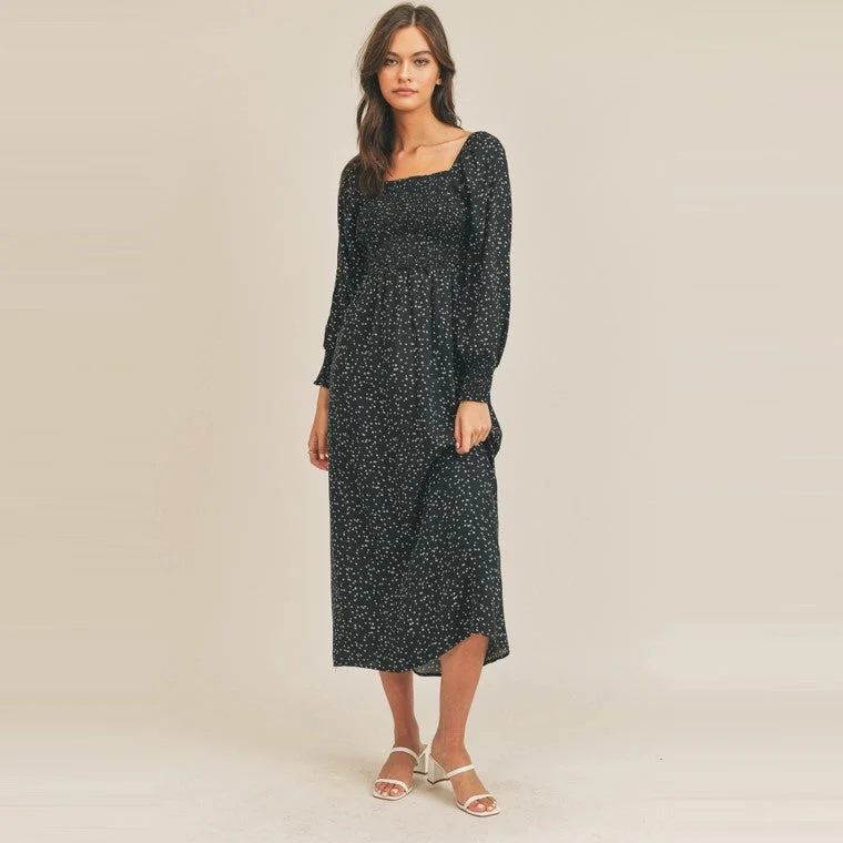 Smocked Print Ditsy Floral Midi Dress (Black) Fashionable One-Shoulder Midi Dress