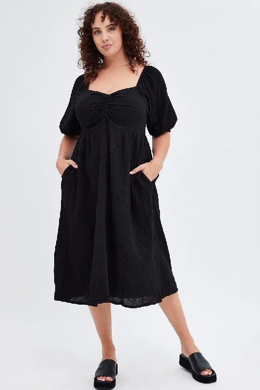 Black Midi Dress Crushed Cotton Puff Sleeve Trendy Off-Shoulder Ruffle Midi Dress