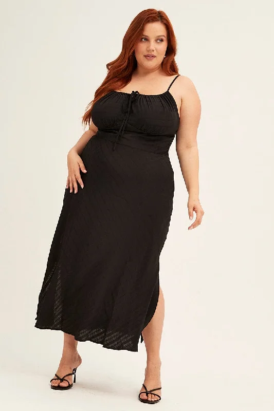 Black Midi Dress Sleeveless Ruched Bust Elegant Lace Trim Midi Dress