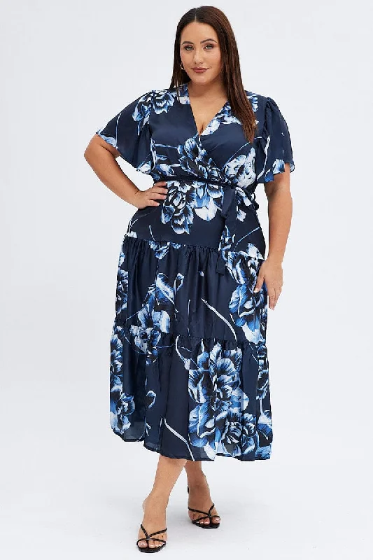 Blue Abstract Midi Dress Cross Front Flare Sleeve Satin Fashionable Floral Embroidery Midi Dress