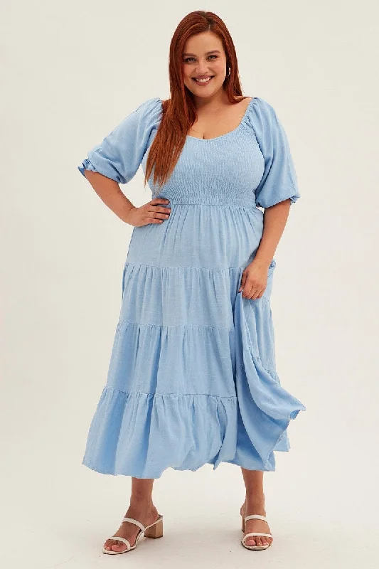 Blue Midi Dress Puff Sleeve V-neck Shirred Linen Blend Trendy Floral Wrap Midi Dress