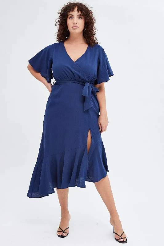 Blue Midi Dress Short Sleeve Faux Wrap Stylish Wraparound Midi Dress