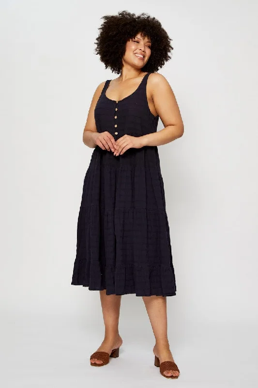 Blue Midi Dress Square Neck Sleeveless Button Trendy A-Line Midi Dress