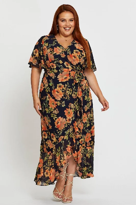 Blue Floral Print Midi Dress V-neck Short Sleeve Elegant Satin Midi Dress