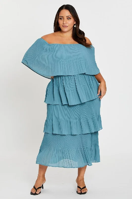 Blue Off Shoulder Pleated Midi Dress Stylish Vintage Midi Dress