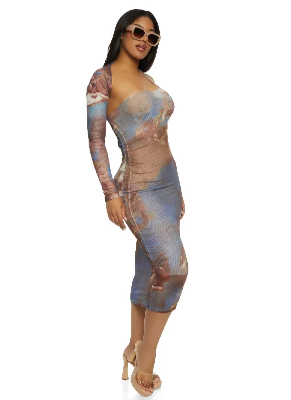 Printed Mesh One Shoulder Midi Dress Fashionable Shift Midi Dress
