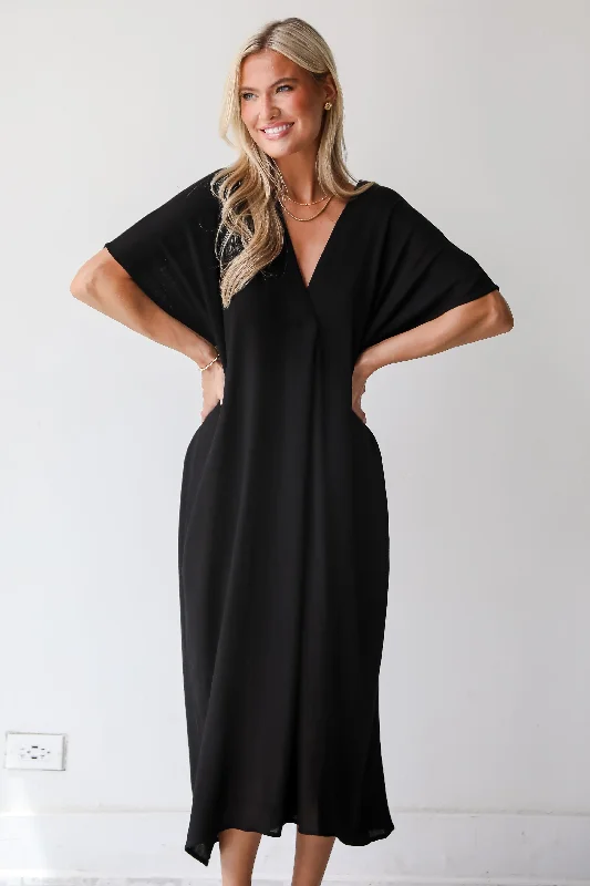 Boardwalk Sunsets Black Midi Dress - DU DEAL Fashionable Off-Shoulder Dress Midi