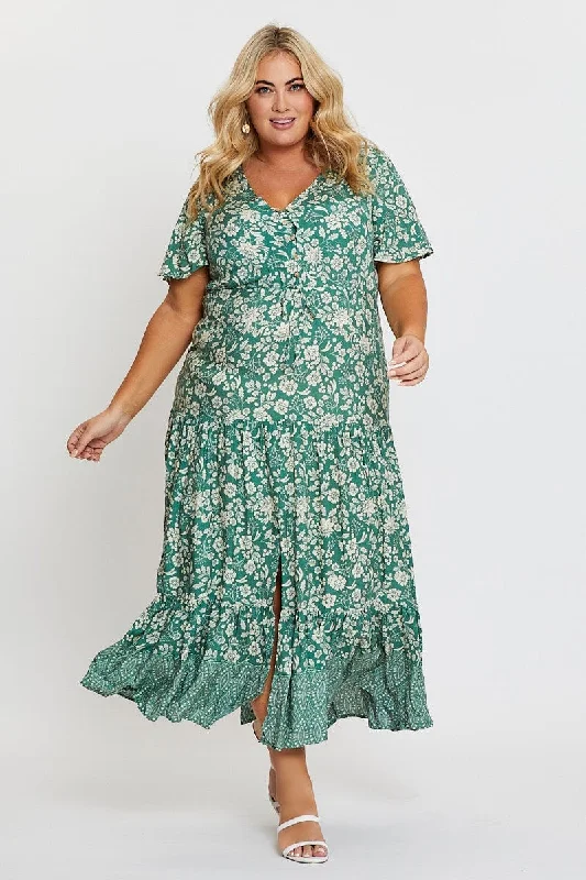 Boho Print Midi Dress V-neck Short Sleeve Stylish Pleated Skirt Midi Dress