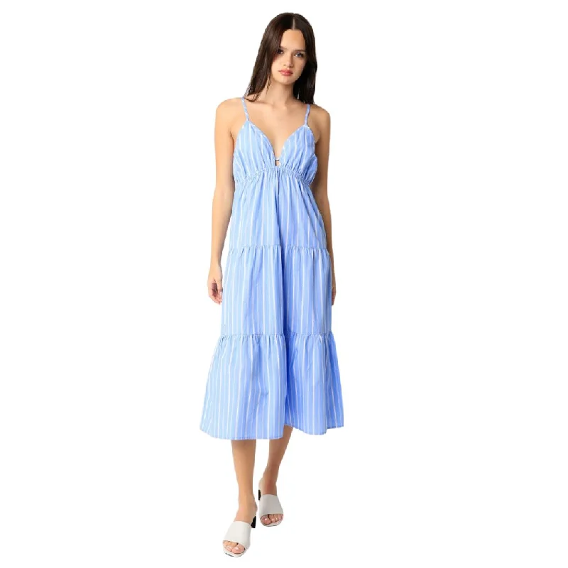 Brinley Midi Dress (Blue Stripe) Comfortable Button Front Midi Dress