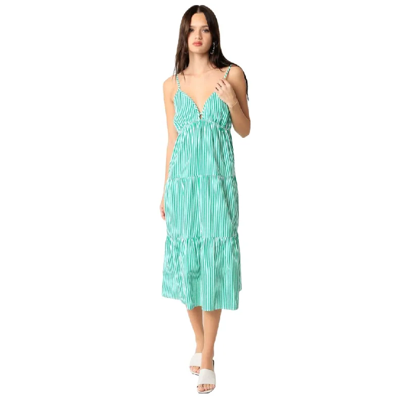 Brinley Midi Dress (Green Stripe) Trendy Tiered Hem Midi Dress