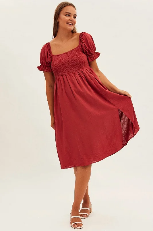 Brown Midi Dress Square Neck Short Sleeve Front Split Trendy Mock Neck Midi Dress
