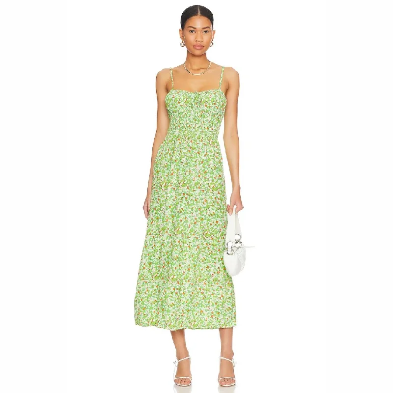 Caprera Midi Dress (Green Floral) Elegant Lace Trim Midi Dress