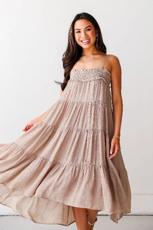 FINAL SALE - Carefree Behavior Taupe Tiered Midi Dress Elegant Satin Midi Dress