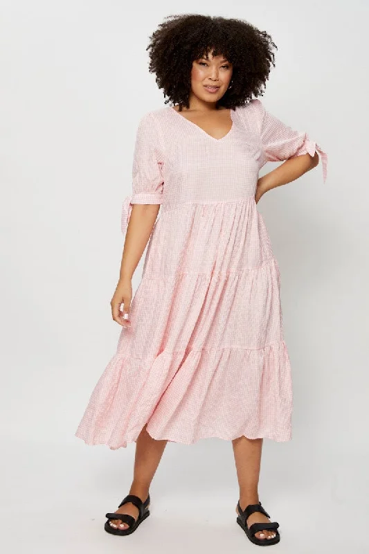 Check Midi Dress V-neck Short Sleeve Elegant Floral Midi Dress