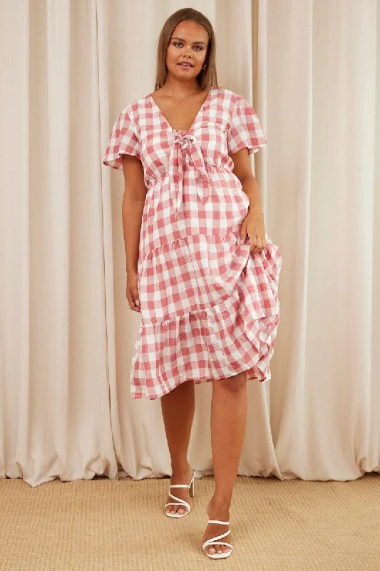 Check Midi Dress V-neck Short Sleeve Trendy Ruffle Hem Midi Dress