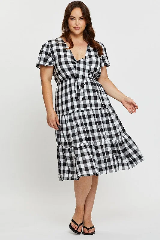 Check Midi Dress V-neck Short Sleeve Elegant V-Neck Midi Dress