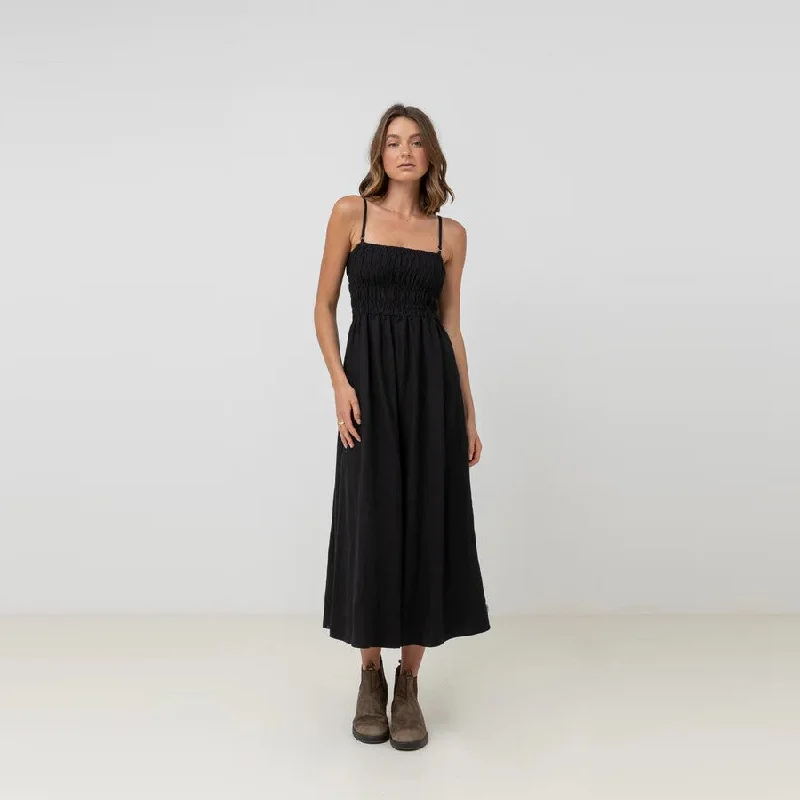 Classic Shirred Midi Dress (Black) Fashionable Chiffon Midi Dress