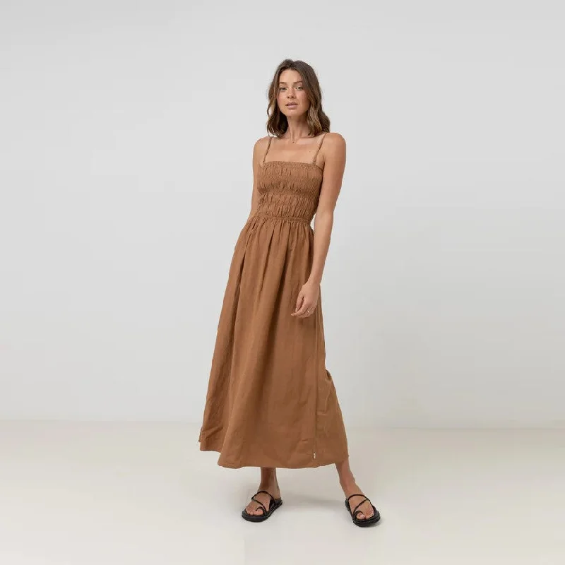 Classic Shirred Midi Dress (Caramel) Stylish Cold Shoulder Midi Dress