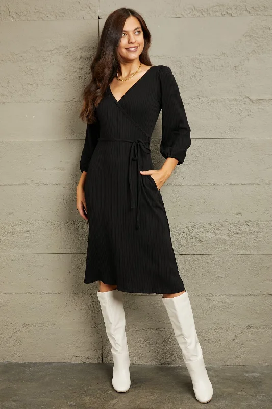 Black Surplice Midi Dress Trendy Tiered Hem Midi Dress