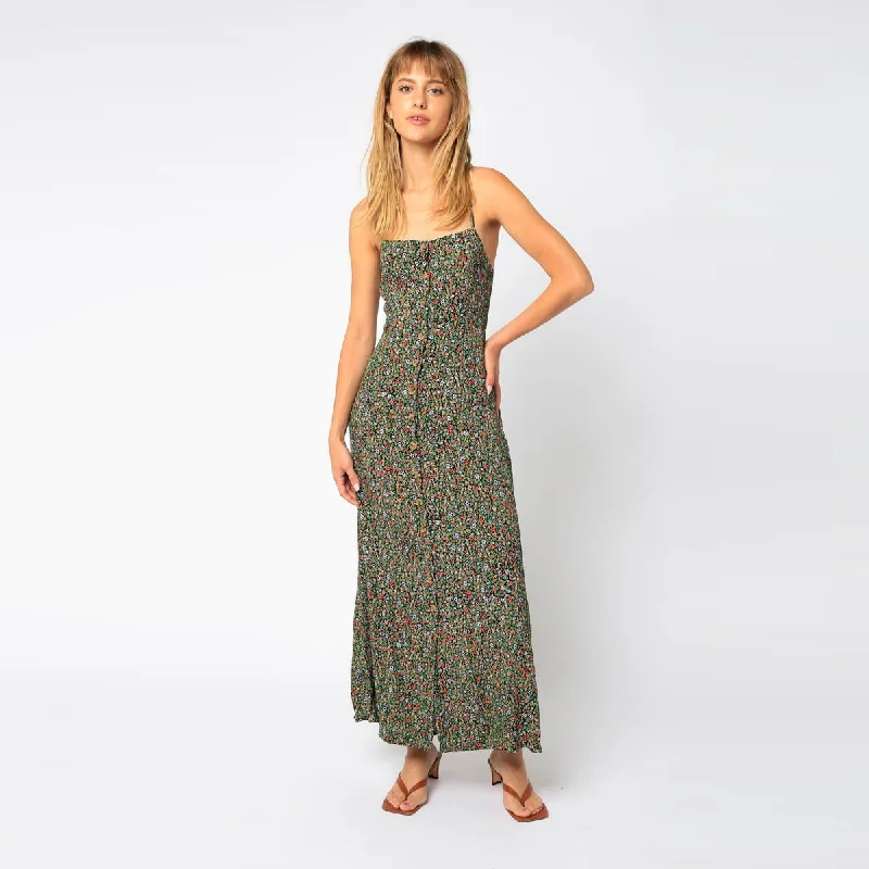 Ditsy Button Down Midi Dress (Black + Green) Fashionable Shift Midi Dress