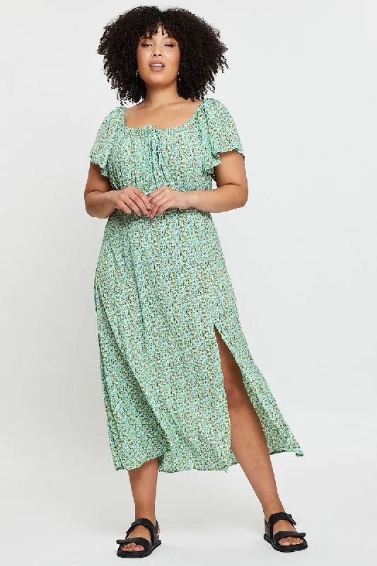 Ditsy Print Midi Dress Scoop Neck Short Sleeve Front Split Comfortable Wrap Midi Dress