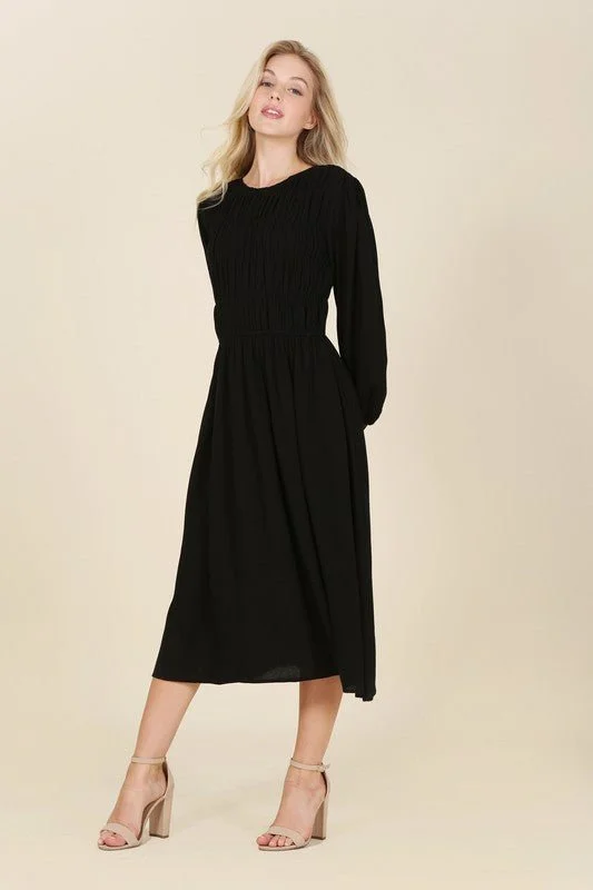 Long Sleeve Smocked Midi Dress Trendy Smocked Detail Midi Dress