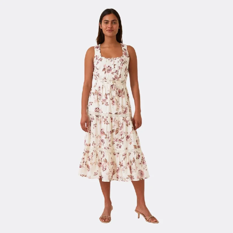 Floral Lace Sleeveless Tiered Midi Dress (Natural + Dusty Wine) Cozy Midi Dress with Pockets