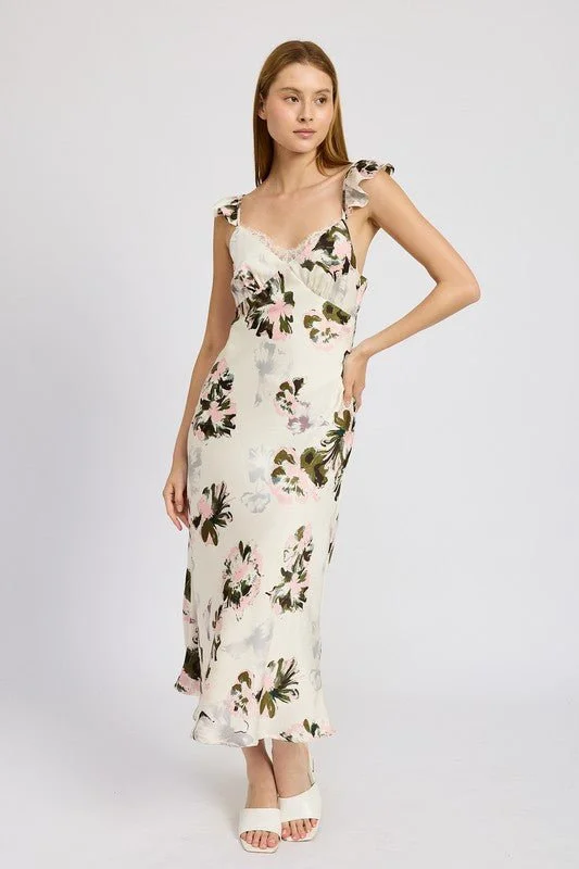 Flutter Strap Floral Midi Dress Elegant V-Neck Midi Dress