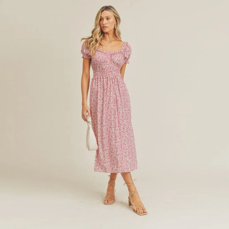 Floral Print Midi Dress (Pink Combo) Trendy Boho Midi Dress