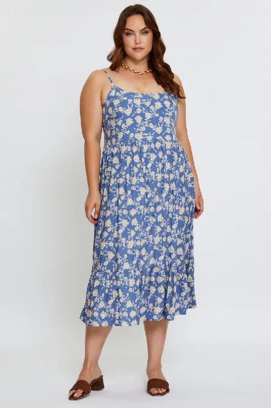 Floral Print Midi Dress Square Neck Sleeveless Stylish High-Waisted Midi Dress