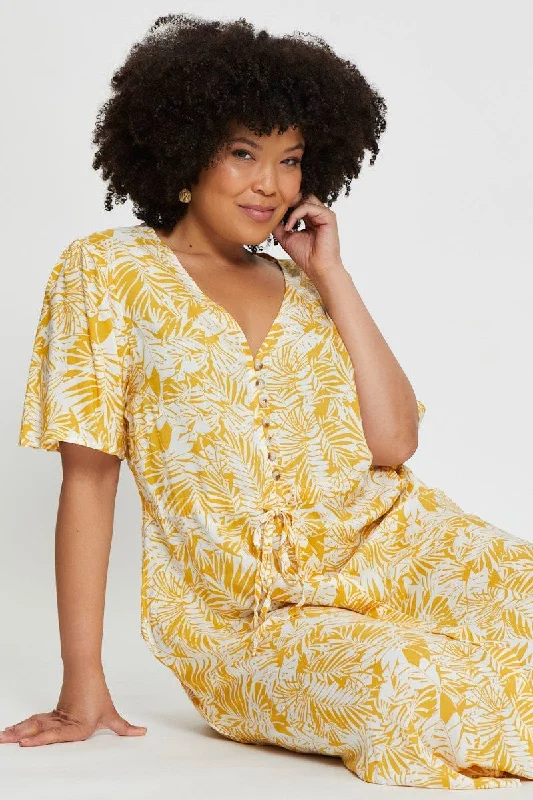 Floral Print Midi Dress V-neck Short Sleeve Stylish Cold Shoulder Midi Dress