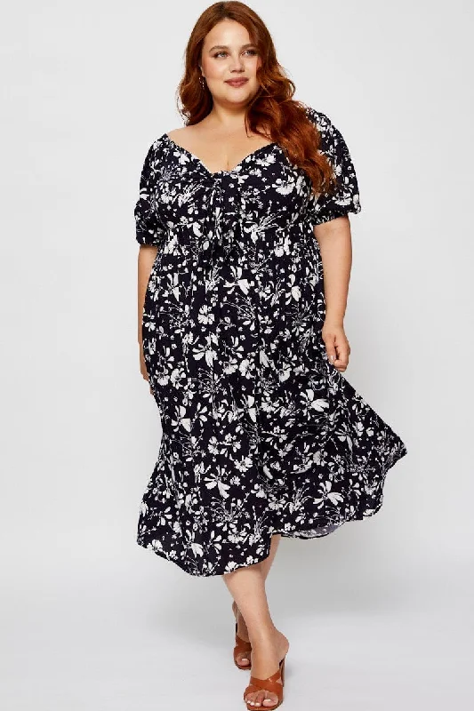 Floral Print Midi Dress V-neck Short Sleeve Cozy Ribbed Knit Midi Dress
