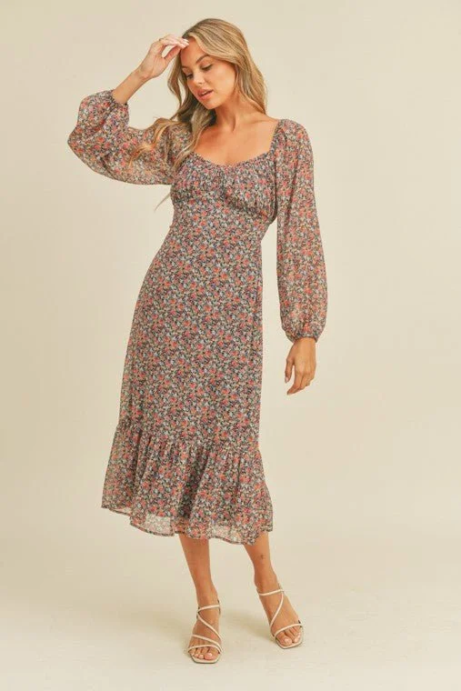 Floral Print Midi Dress Elegant Lace Trim Midi Dress