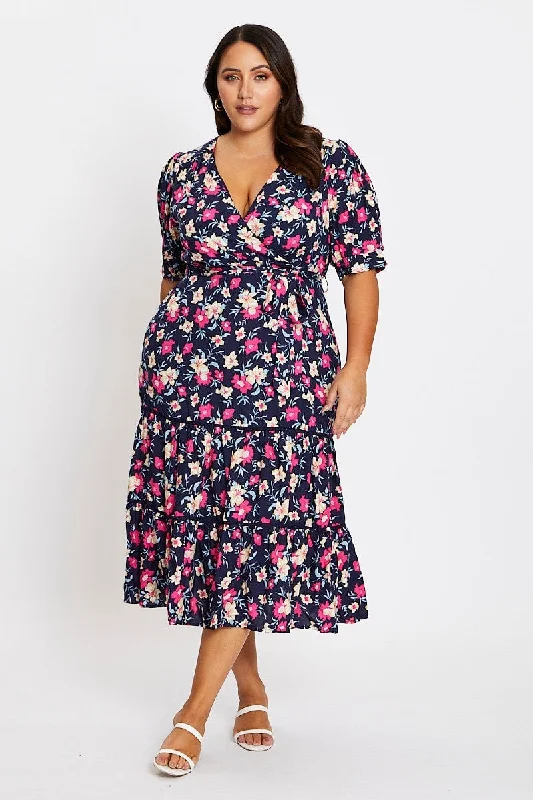 Floral Print Short Sleeve Puff Sleeve Midi Dress Fashionable Off-Shoulder Dress Midi