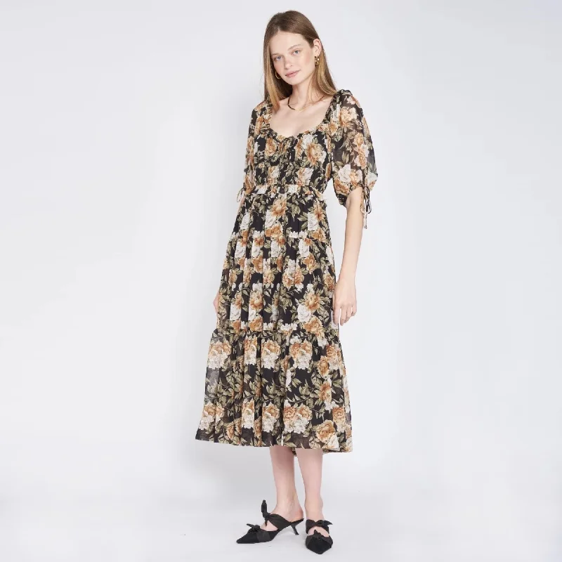 Floral Print Tiered Midi Dress (Black) Cozy Wide Strap Midi Dress
