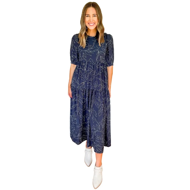 Floral Print Tiered Midi Dress (Navy) Elegant Satin Button Midi Dress