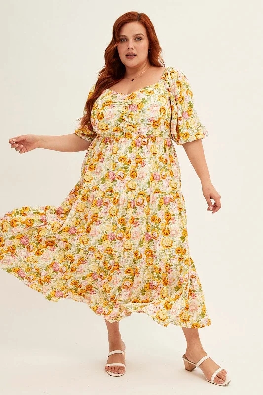 Floral Print Short Puff Sleeve Multi Floral Rayon Midi Dress Fashionable Skater Midi Dress