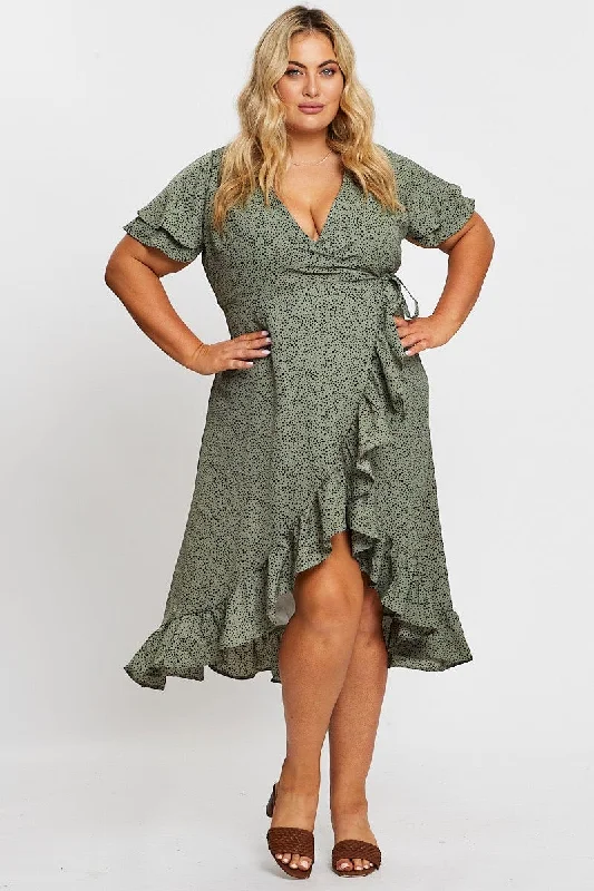 Geo Print Midi Dress Short Sleeve Ruffle Hem Chic Floral Print Midi Dress