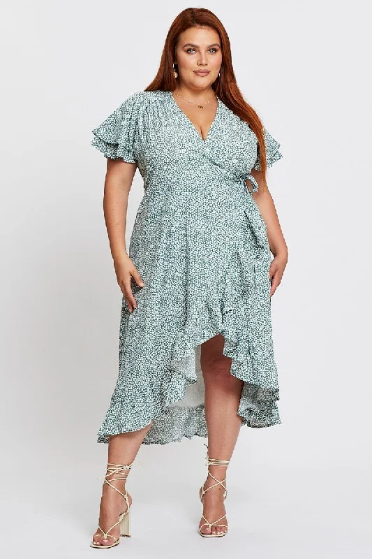 Geo Print Midi Dress Short Sleeve Ruffle Hem Fashionable Shift Midi Dress