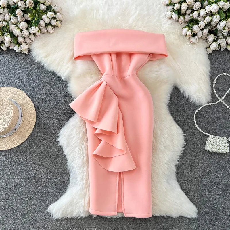 Gilmore Strapless Midi Dress Trendy Off-Shoulder Button Midi Dress