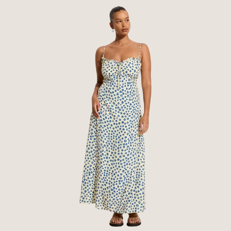 Gita Midi Dress (Floral + Blue) Fashionable Plaid Midi Dress