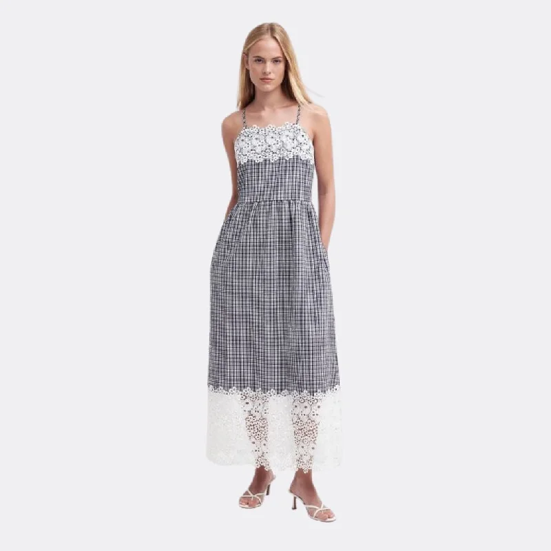 Glamis Midi Dress (Navy Check) Trendy Off-Shoulder Ruffle Midi Dress