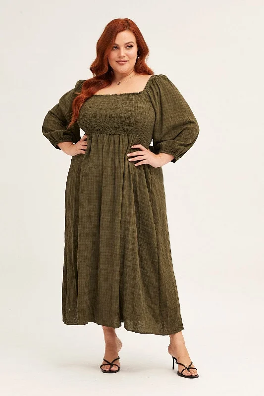 Green 3/4 Sleeve Shirred Midi Dress Comfortable Deep V Midi Dress